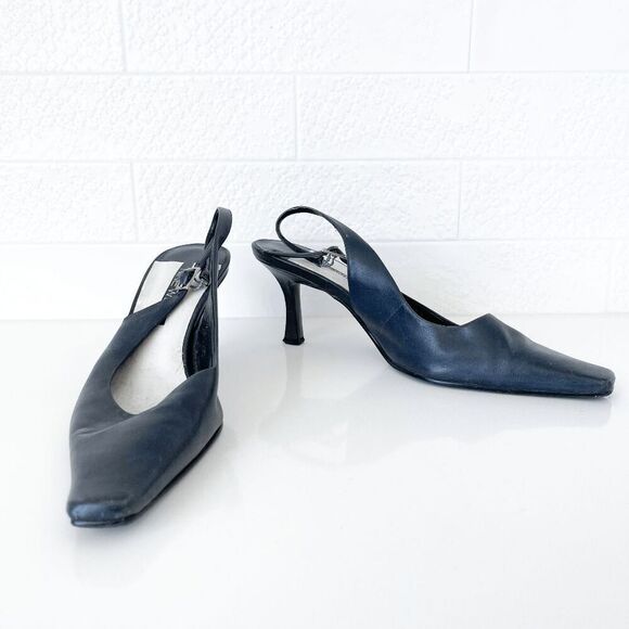 Nine West Womens Leather Square Toe Stiletto Heel Slingback Sandals Black Sz 6M - Picture 2 of 9